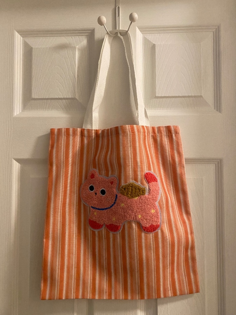 Fuzzy Cat Stripe Tote Bag-Orange & White Striped Bag-Tufted Cat Appliqué